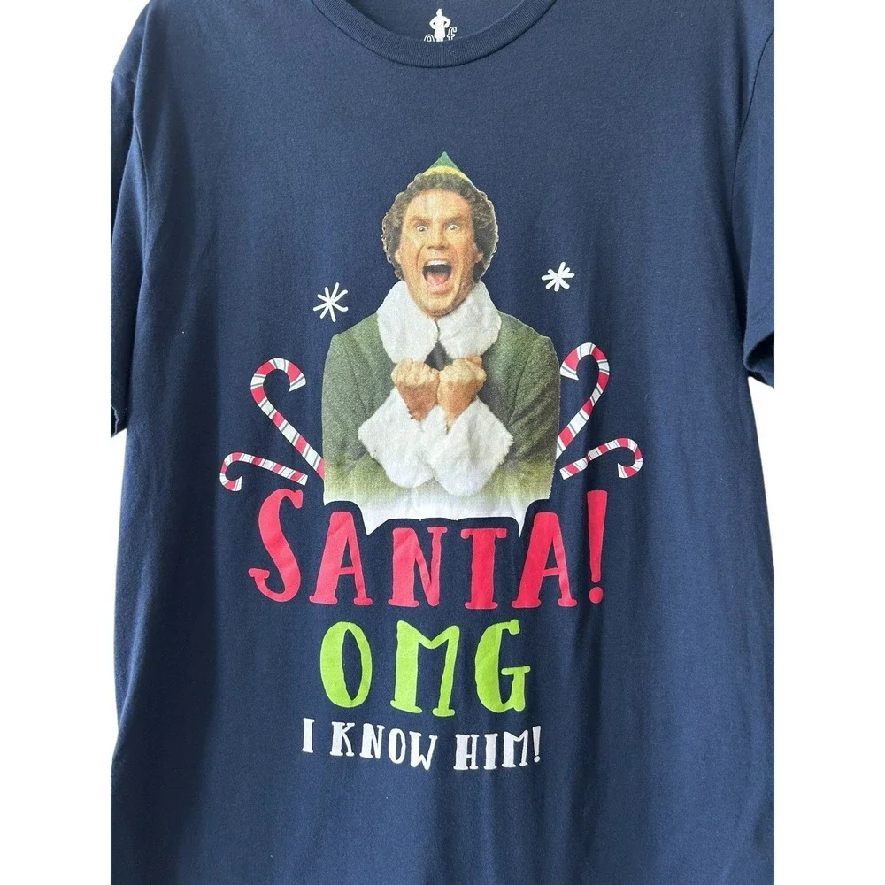 Elf Movie Santas Coming OMG I know Him Short Sleeve Crew Blue Shirt Size Large L - Picture 2 of 10